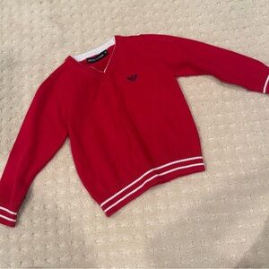Emporio Armani Toddler Red V-Neck Sweater with White Trim